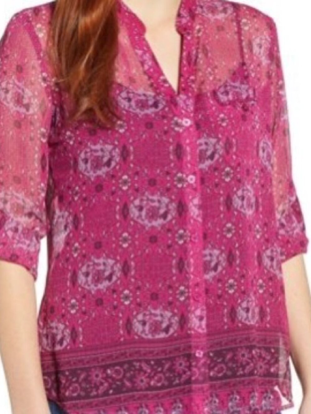 KUT from the Kloth Jasmine Roll  / Long Sleeve Blouse V Neck Magenta Floral 1X
